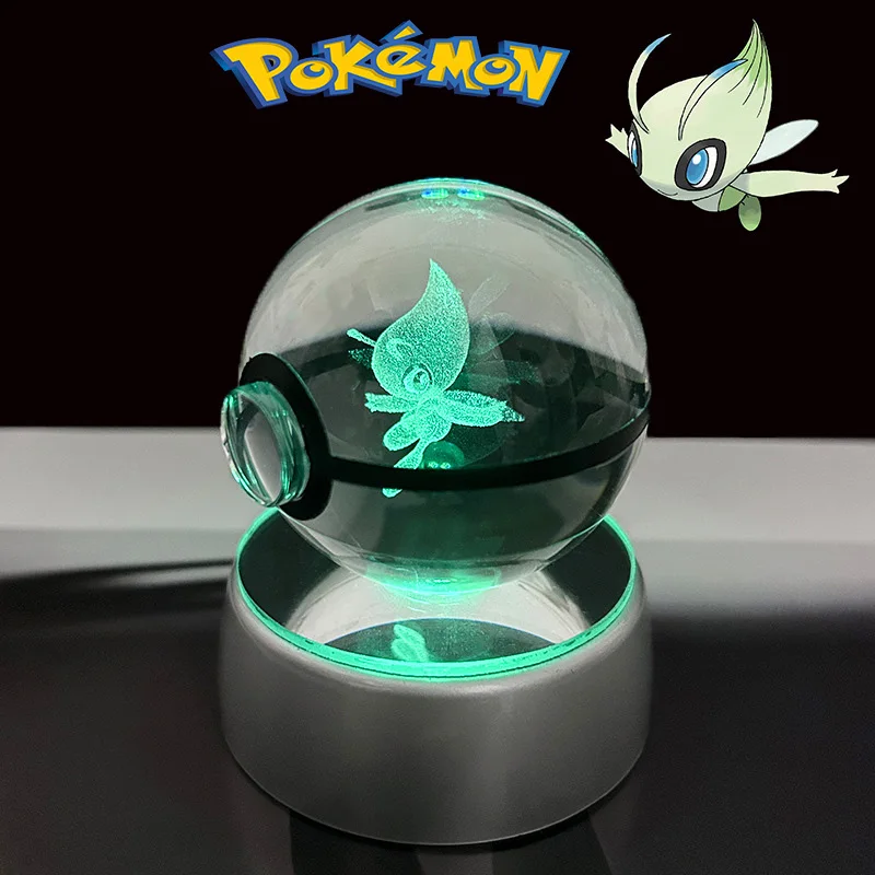 Pokemon 3D Crystal Ball Figure Toys Pokeball Snivy Piplup Dragonite Dragonair Espeon Cyndaquil Model With Led Light Base Dolls