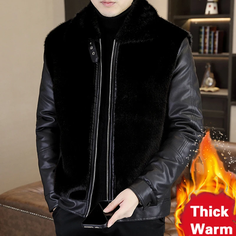 2024 Mink Fur Winter Patchwork Leather Men's Thick Fur Coat Men's Faux Leather Jacket Men Pu Chaqueta Cuero Jaqueta Motoqueiro