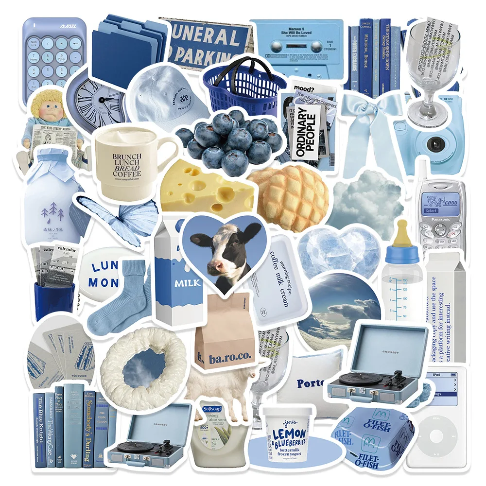 60 Stück/120 Stück Blaue INS-Aufkleber Ästhetisches Skizzenbuch PVC Laptop Tagebuch Dekoration Scrapbooking Schulbedarf