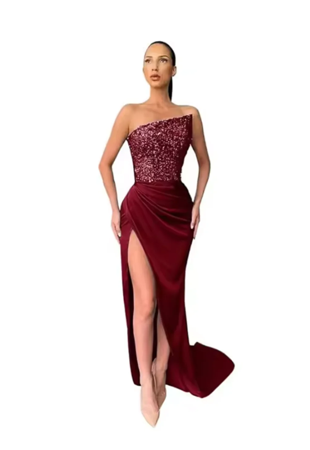 فستان سهرة مثير حورية البحر بدون حمالات من الساتان المتألق ترتر طويل لحفلات الكوكتيل سويب تراين فتحة عالية 2025 مخصص مجاني #6