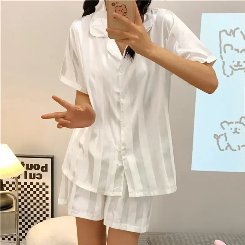 Cotton Suit Sets Home Sleeve Sleepwear Pajamas Set Korean Shorts Short Summer Loose New Women Pajama Silk Top Casual