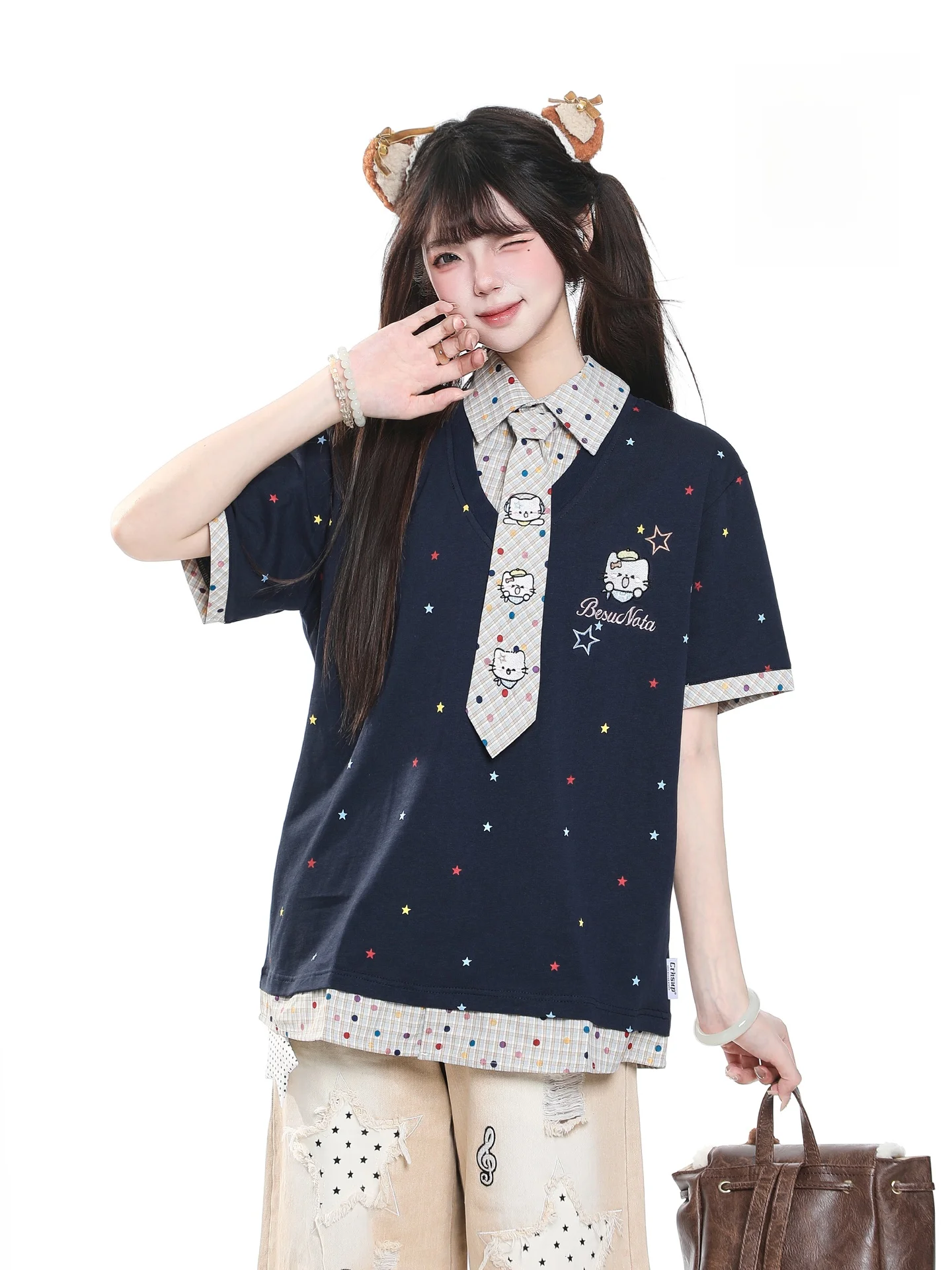 Casual Loose Short Sleeve T-Shirt Women's Summer Lazy Style Cartoon Embroidery Top Breathable Skin-Friendly Versatile Everyda...