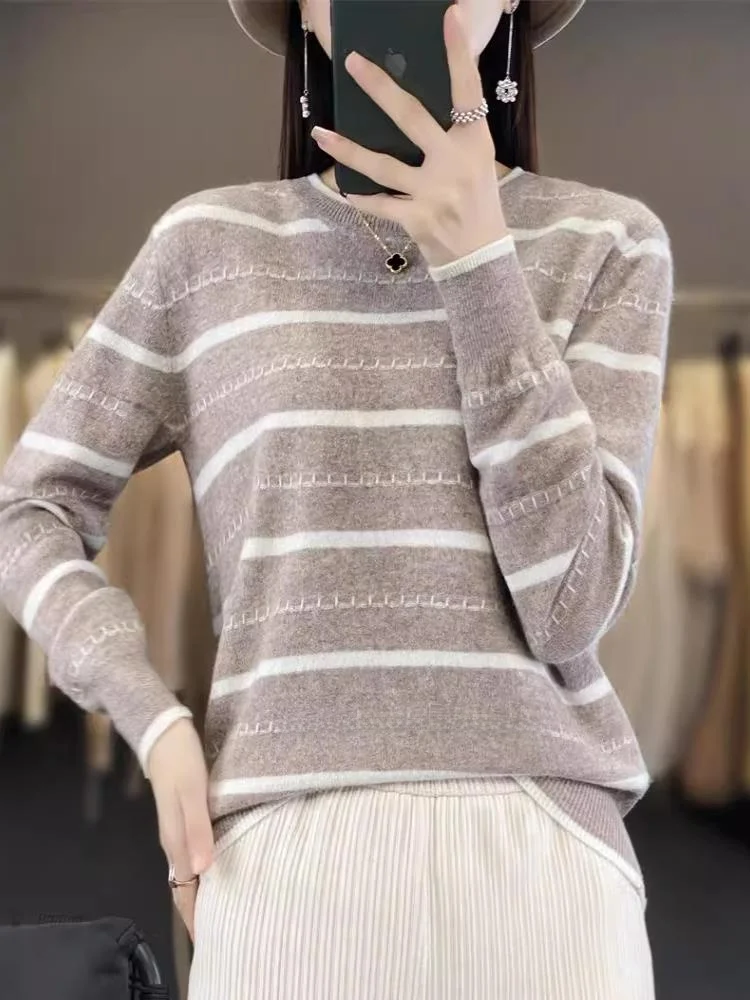 Women's Stripe Long Sve Knitwear round Ne Base irt Autumn Winter New Sle Independent Station Cross-Border Faion