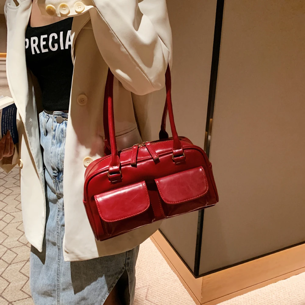 Retro Red Women\'s Satchel Hobo Bag Patent Leather Multi Pocket Luxury Designer Handbag Female Shoulder Underarm Bag Tote Purses