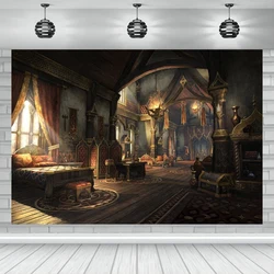 HKFZ Polyester Castle Moon Night Backdrop Medieval Room Style Photography Banner Night Bar Magic Witch Decoration Background