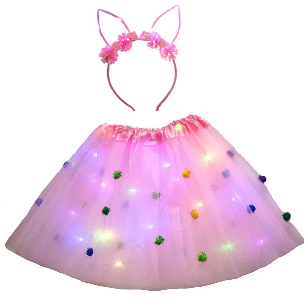 Girls Kids Party Light Pompon Tutu Glow Luminous Skirt Crown Cat Bunny Headband LED Costume  Birthday Gift  Wedding Festival