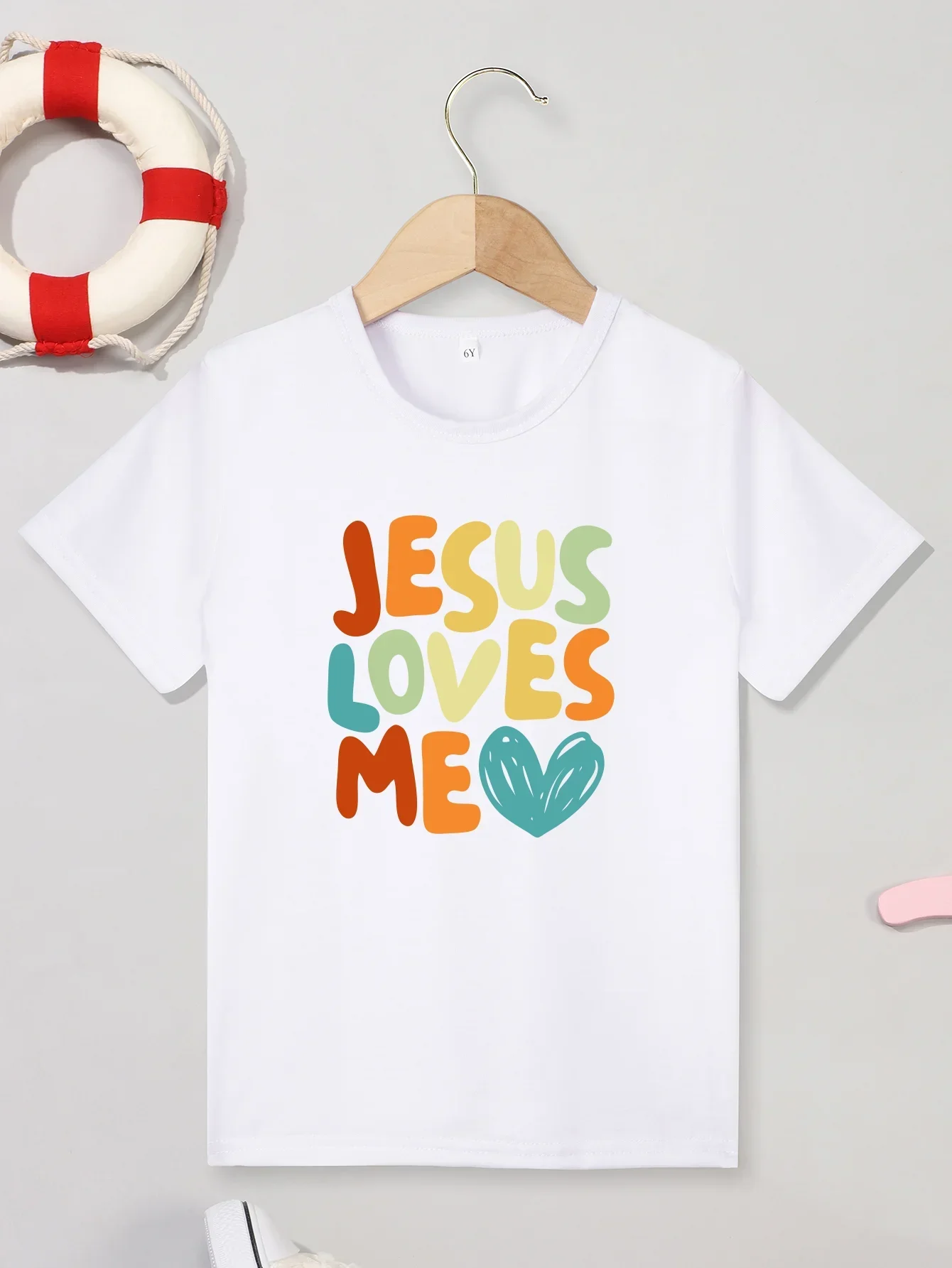 New 2026 Jesus Loves Me Print T-Shirt Soft round Neck Short Sleeve Colorful Cute Top for Girls And Boys