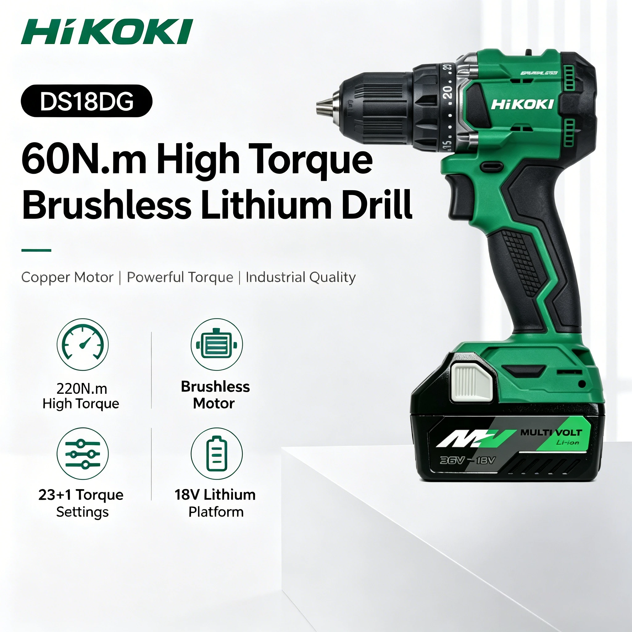 New HiKOKI Lithium Cordless Drill,For MULTI VOLT 18V/36V battery,Multi-stage torque adjustment protects workpieces from damage