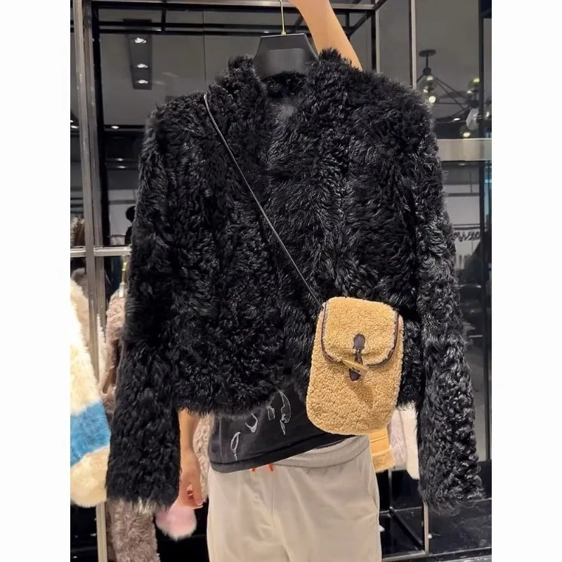 

Shpishal Autumn and Winter New Black Lamb Hair Short Coat American Fur One Piece Plush Elegant Fashion Jacket Female Clothing