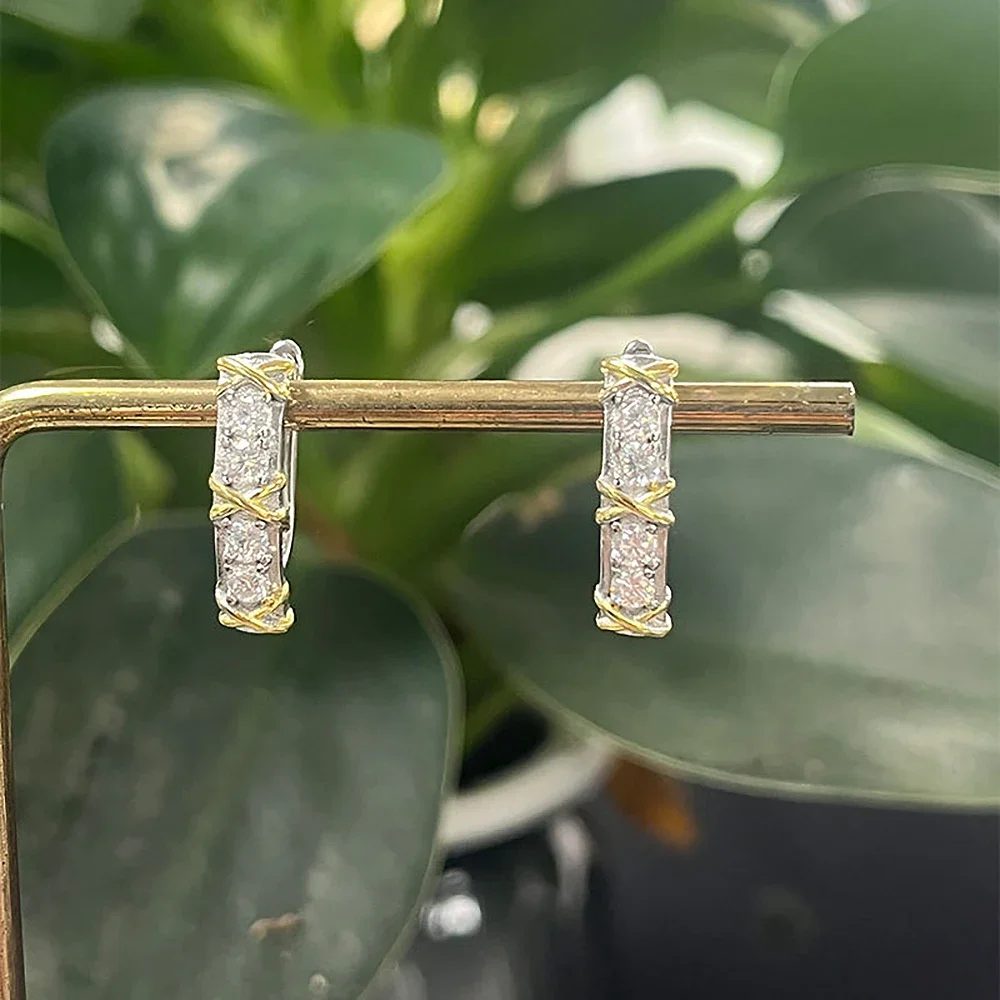 X-Shape Yellow Gold Cross Moissanite Diamond Hoop Earrings for Women 925 Sterling Silver Plated 18k Gold U-shaped Ear Buckle
