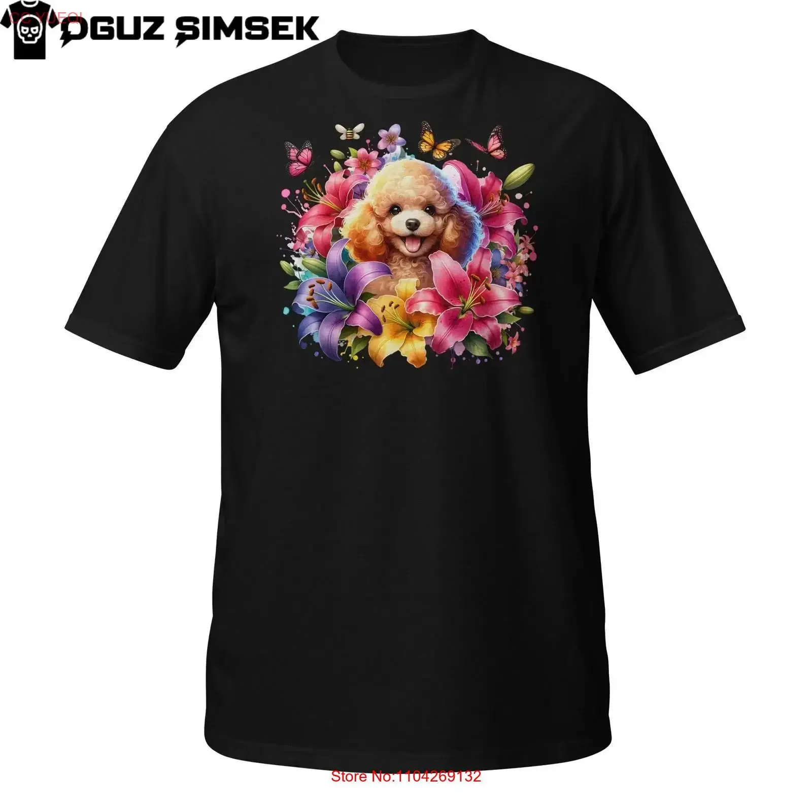 Floral Poodle Puppy T Shirt Cute Dog Surrounded by Colorful Flowers Butterflies vintage Washed Breathable Slightly Stylish