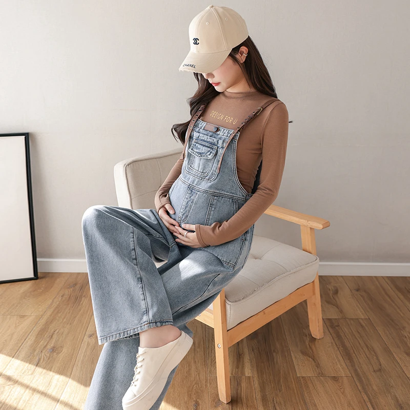 Pregnant Women\'s PU Leather Strap Denim Pants Spring Autumn Large Size Loose Maternity Jeans Fashion Pregnancy Jumpsuits Rompers