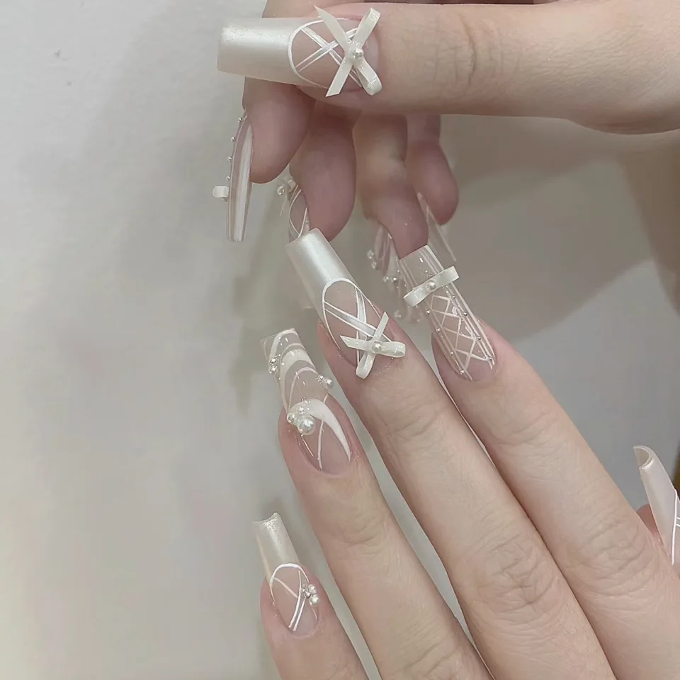 White Ballet Fake Nails Handmade French Style Press on Nails 3D Bowknot Pearls Design Full Cover Wearable False Nails Tips