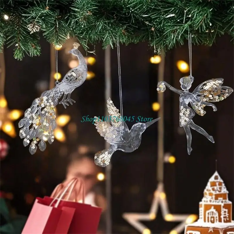 R53F Holiday Tree Ornament Christmas Hanging Accent with Clear Acrylic-Look Body Gold Fill Detail and Window Loop Accent
