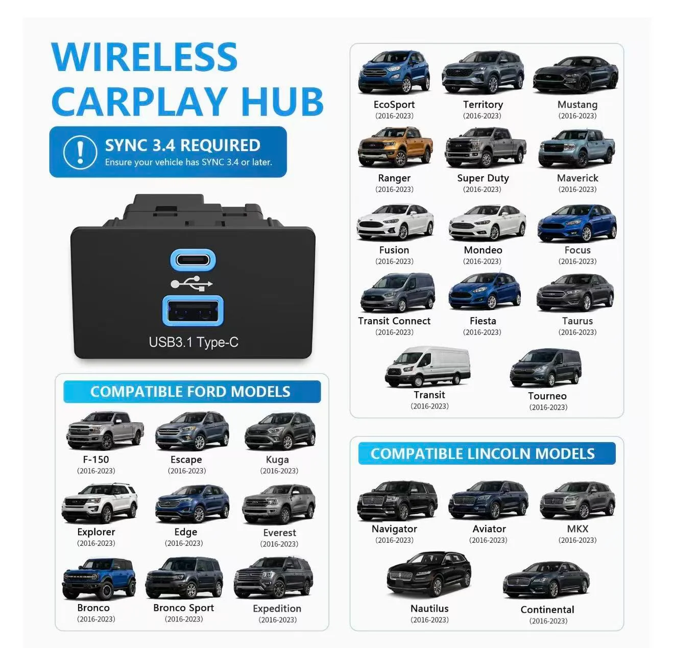 AOTSR  Wireless CarPlay Android Auto USB HUB For Ford Lincoln SYNC3.4 PD Fast Charging Adapter