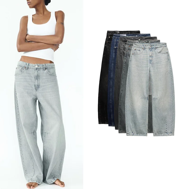 

Spring New Women's Versatile Loose Balloon Denim Jeans mid Waist Straight Leg Trousers Wear Resistant Long Pants Zipper Closure