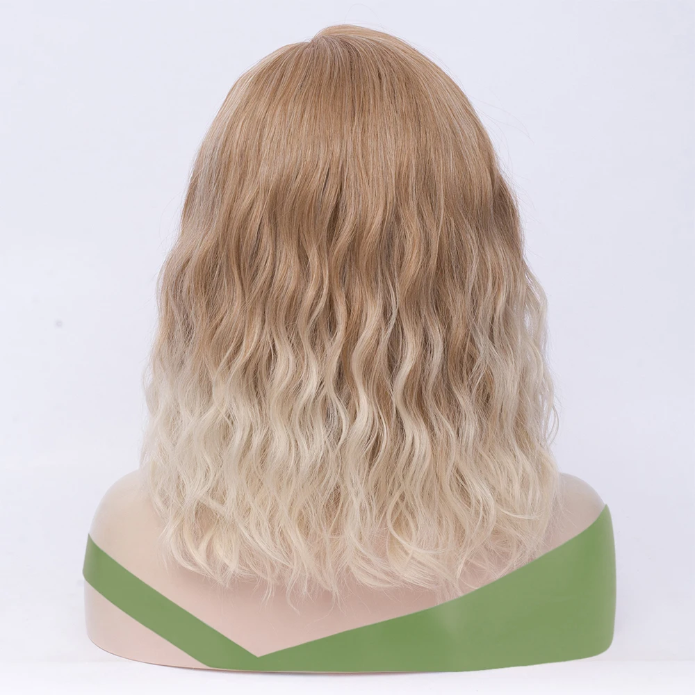 Women Short Synthetic Heat Resistant Brown Blonde Wig Fluffy Wavy Side Part line Layered Wig Daily Party Cosplay