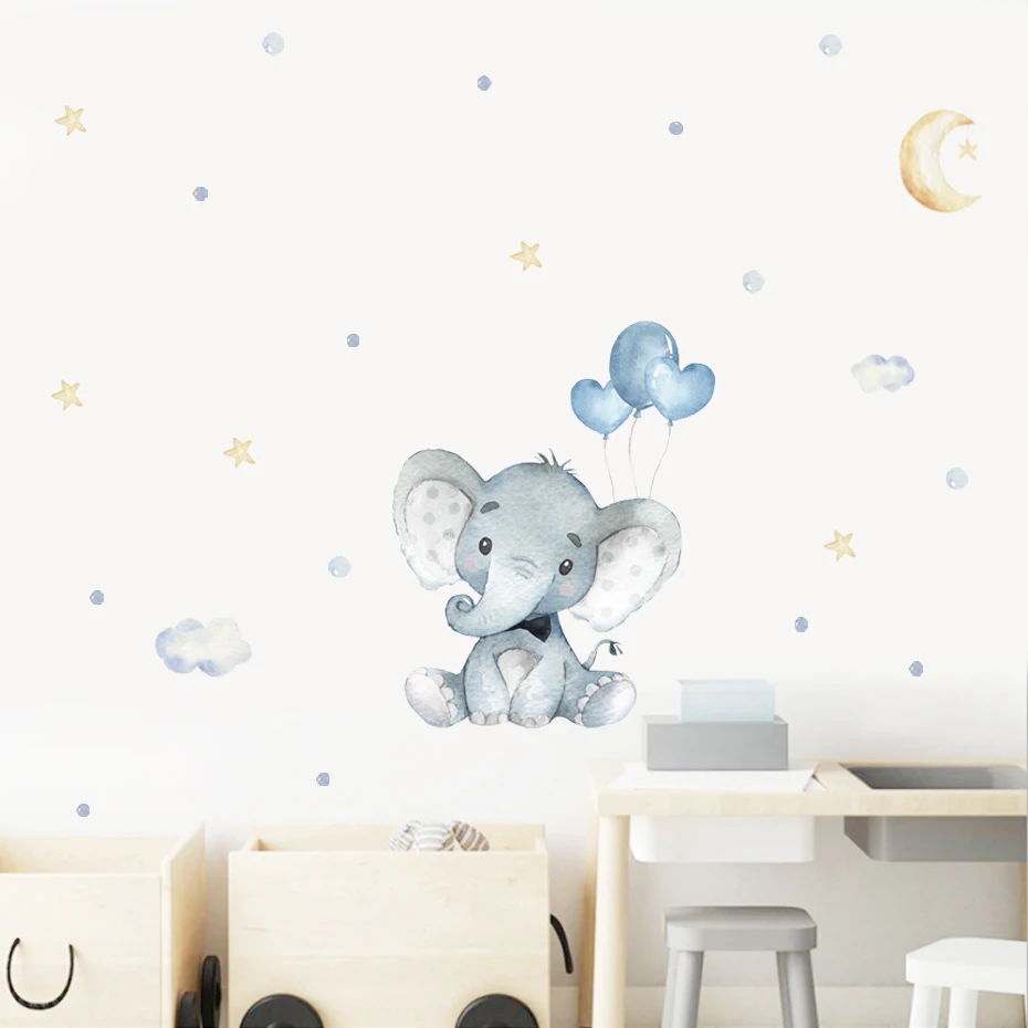 Cartoon Elephant Blue Balloon Watercolor Wall Stickers Removable Nursery Wall Decals Print Kids Baby Room Interior Home Decor