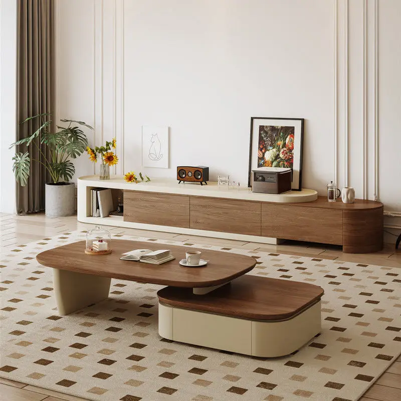 ！@Modern-style Copper Mesh TV Cabinet Coffee Table Set Simple TV Cabinet Home Living Room Floor-standing Durable Wood TV Stand