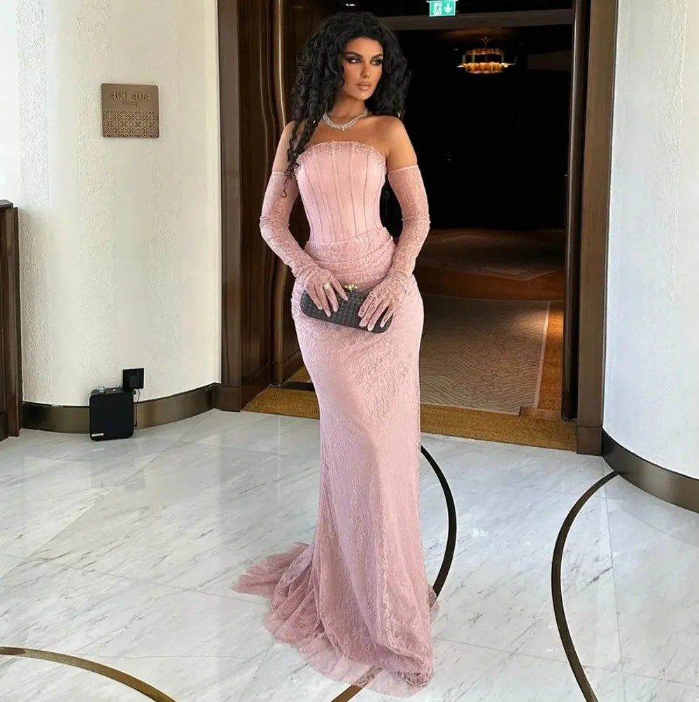 Neue Mode Rosa Prom Geburtstag Kleid 2026 Liebsten Langarm Spitze Meerjungfrau Abend Formale Party Kleider Vestidos De Fest