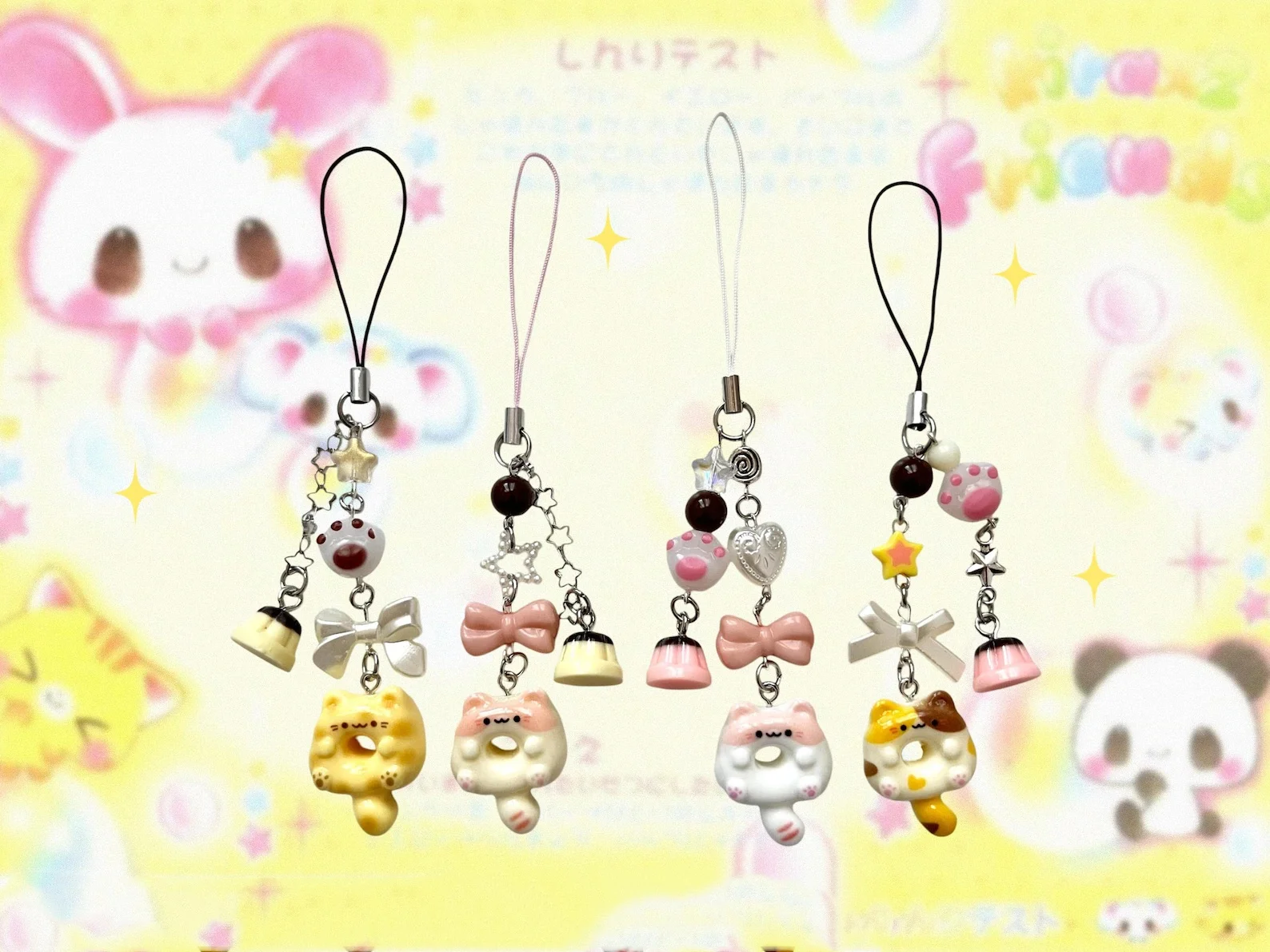 Cute Cat Pudding Dessert Themed Beaded Phone charms, Kawaii Kitty Bag Keychain, flan, purin, Star Bow Key ring, small gifts