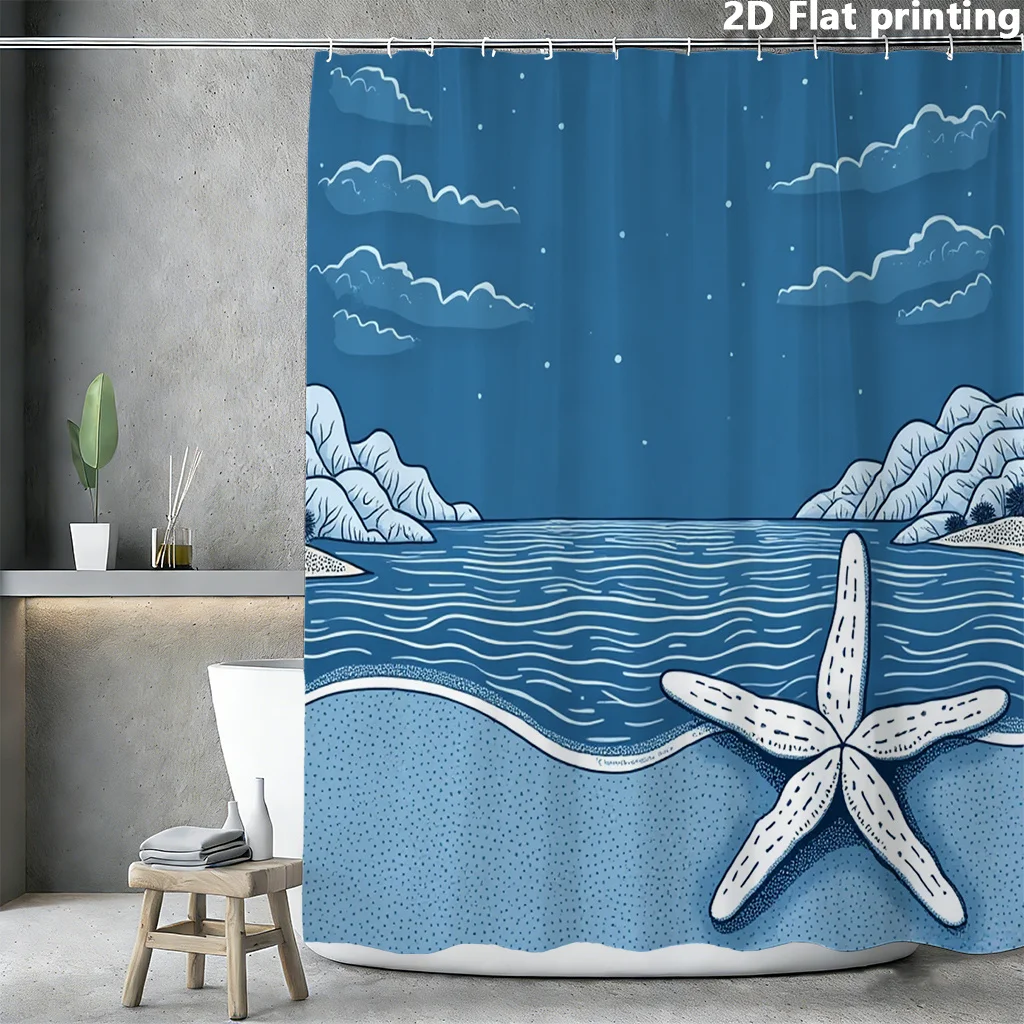 

Waterproof Nautical Blue Ocean Starfish Print Shower Curtain for Bathroom Coastal Beach Decor Tropical Sea Life Curtain