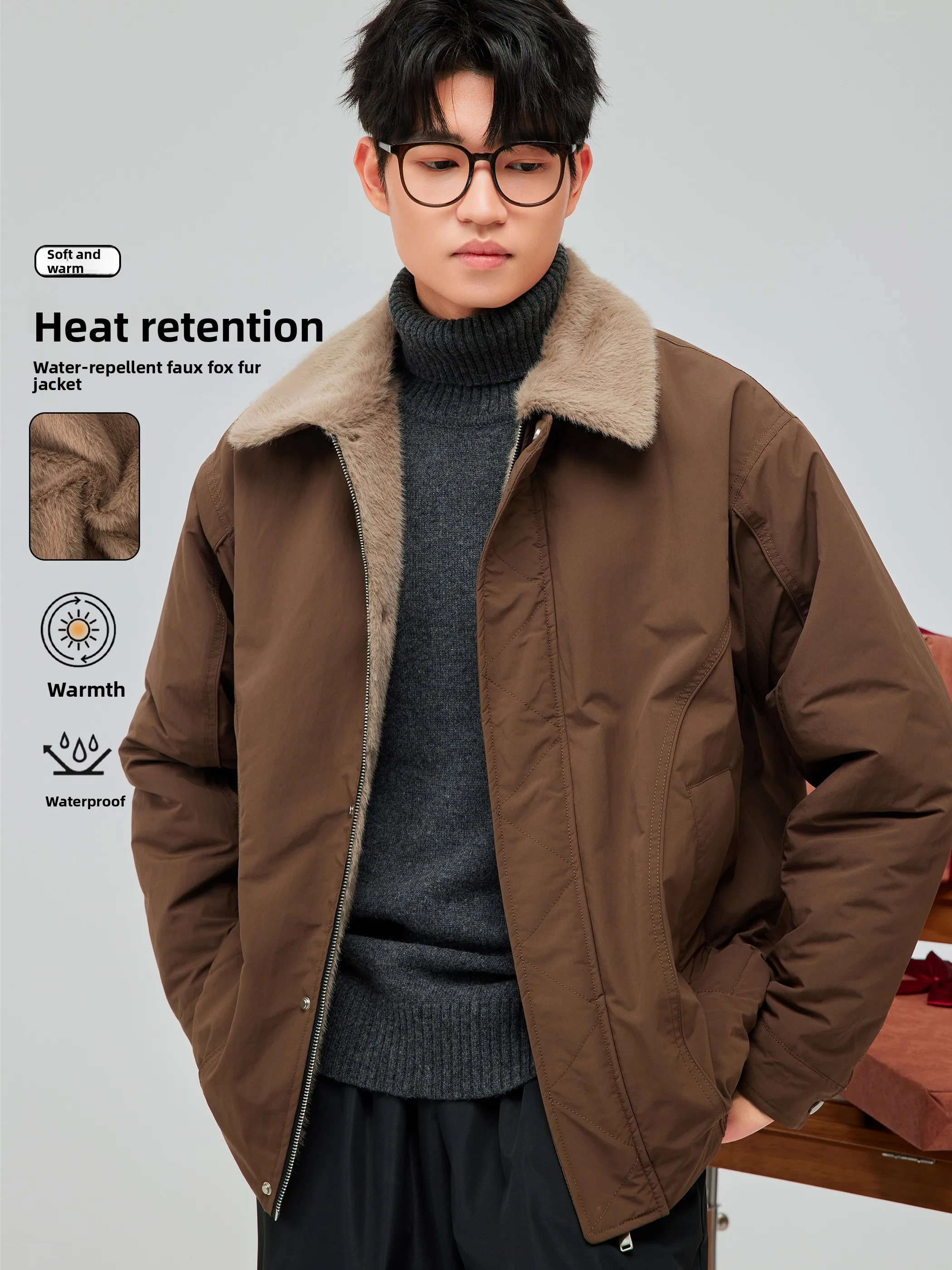 

NINPURE Men's Fce Lined Jaet Warmth Faion Urban Sle Zipper Decoration Cotton Workwear Coat with Fur Collar