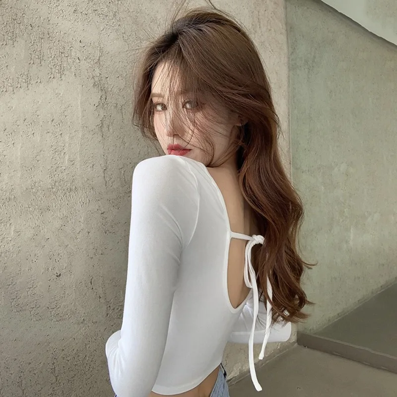 Backless Square Neck Solid Color Bottoms Women T-Shirts Long Sleeves Korean Style Tops image 5