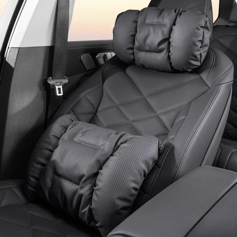 Punched Nappa Leather Car Headrest Lumbar Support Soft Car Neck Pillow Car Waist Pillow Seat Accessories Auto Neck Lumbar Pillow