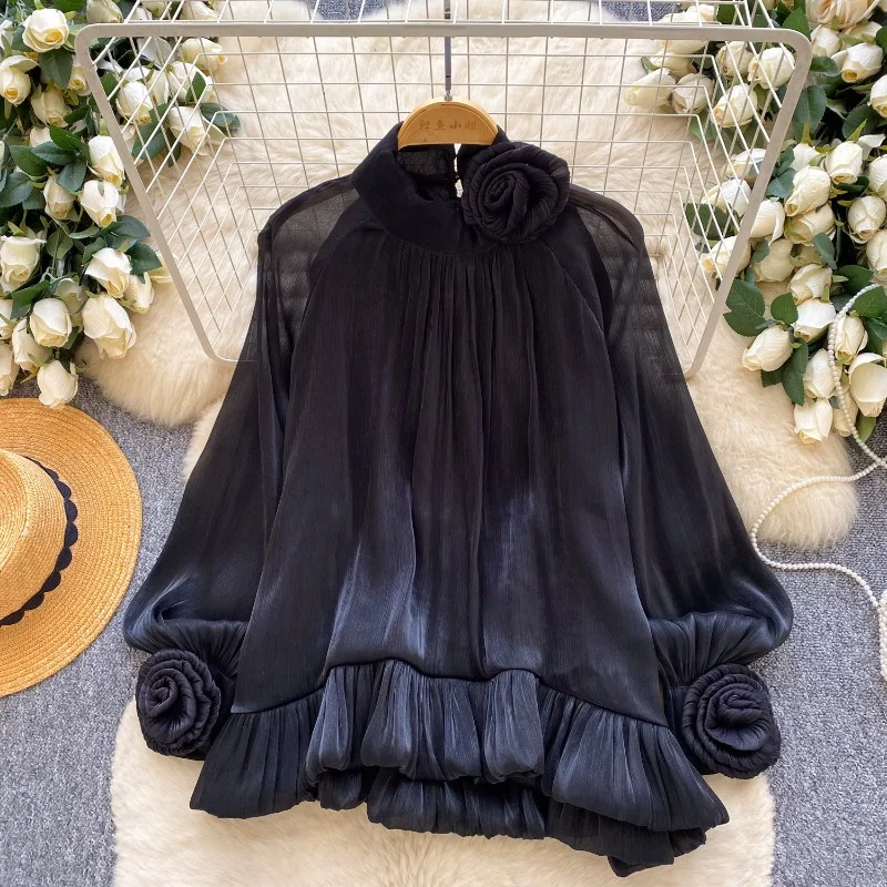 

Solid Mesh Shirt Folds Shirts For Women Round Neck Lantern Sleeve Spliced 3D Flower Blouse Female Fashion Tops