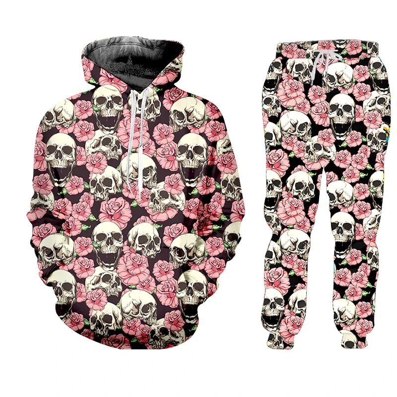

Hoodie Pants 2 Piece Luxury Pink Skull jacket 3D Print Men's Winter Jackets Suit Sports Outfits Tracksuit Men/women Set
