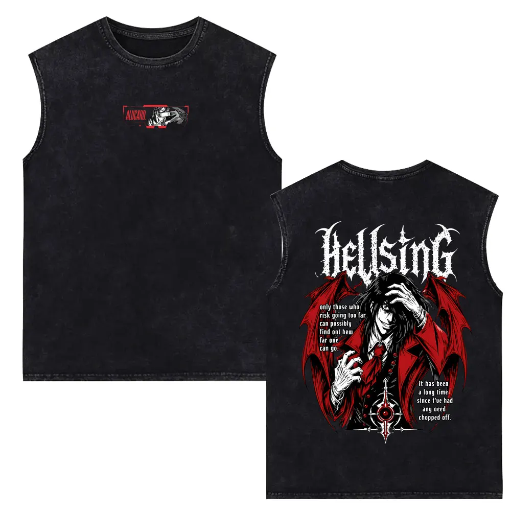 Anime Hellsing Vampire Alucard Vintage Washed Tank Tops Men's 90s Manga Oversized Streetwear Male Casual Sleeveless Vest T-shirt