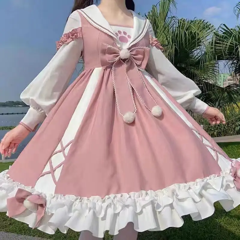 Vestido Lolita de manga larga con lazo rosa para mujer, ropa holgada Kawaii para fiesta de té, princesa Cos Lolita OP, M-4XL de hadas