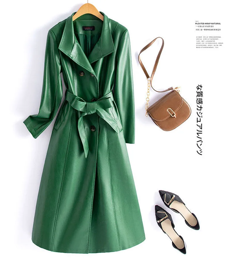 Women Sheep Leather Trench Coat Autumn Winter Fashion Stand Collar Double Breasted Lace-up Slim Long Leather Coat Split Leather