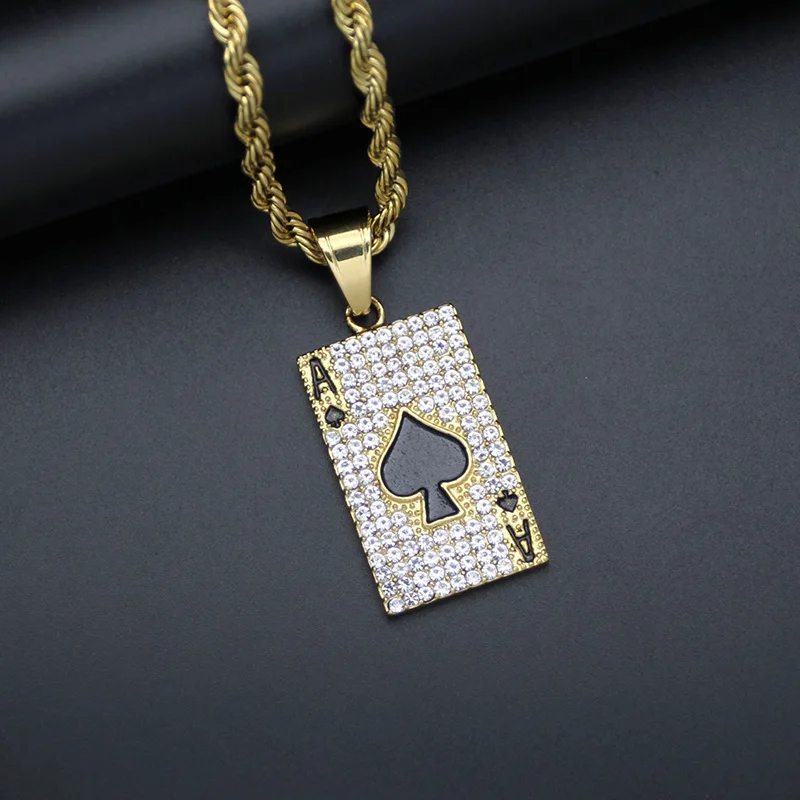 Hip Hop Bling Iced Out Gold Color Stainless Steel Solid Square Spades A Pendants Necklaces for Men Rapper Jewelry Gift