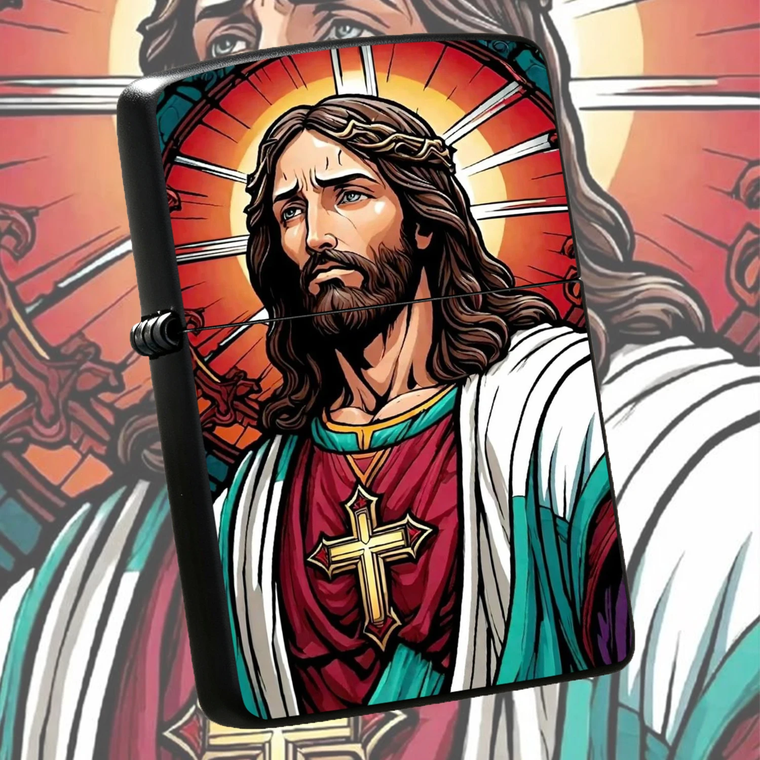 Vintage Painted Jesus Portrait Windproof, Stylish Art Christian Themed, Personalized Faith Mark Portable Igniter, Ideal Gift For Religious Friends, Men Collection, Practical Accessory For Daily Lighting And Outdoor Use A Fun And Humorous Li