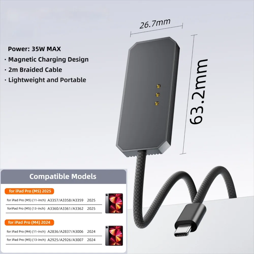 

PD 35W Magnetic Charging Cable 200cm Overvoltage Protection USB Type-C Adapter Cable for iPad Pro M4/M5 11/13inch 2024/2025/2026