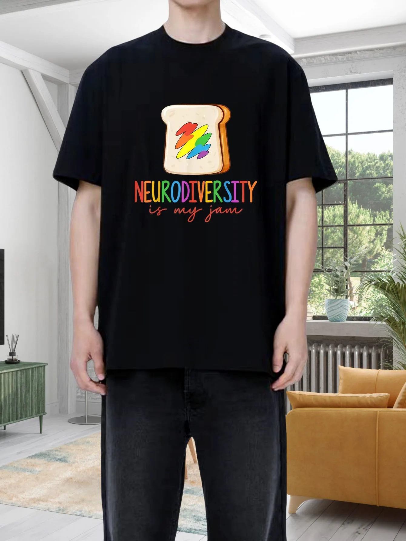 

Neurodiversity is My Jam" Rainbow Bread Graphic T-Shirt, Cotton, Comfortable Fit, Casual Round Neck Tee for All Seasons, Casual