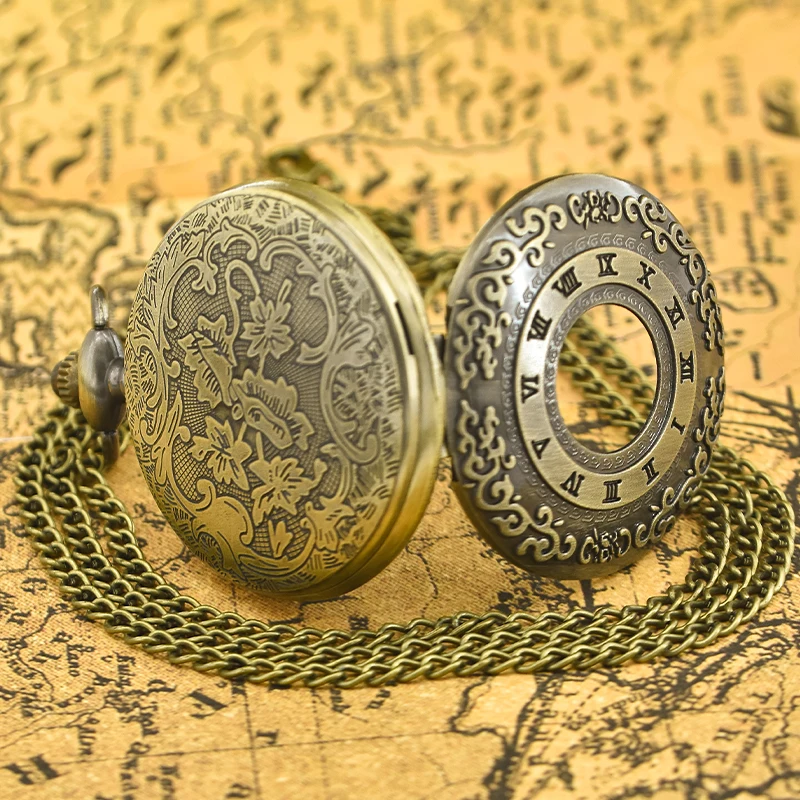 Vintage Glamour Bronze Unisex Fashion Roman Numerals Carved Quartz Steampunk Pocket Watch Women Men Necklace Pendant Chain Gift