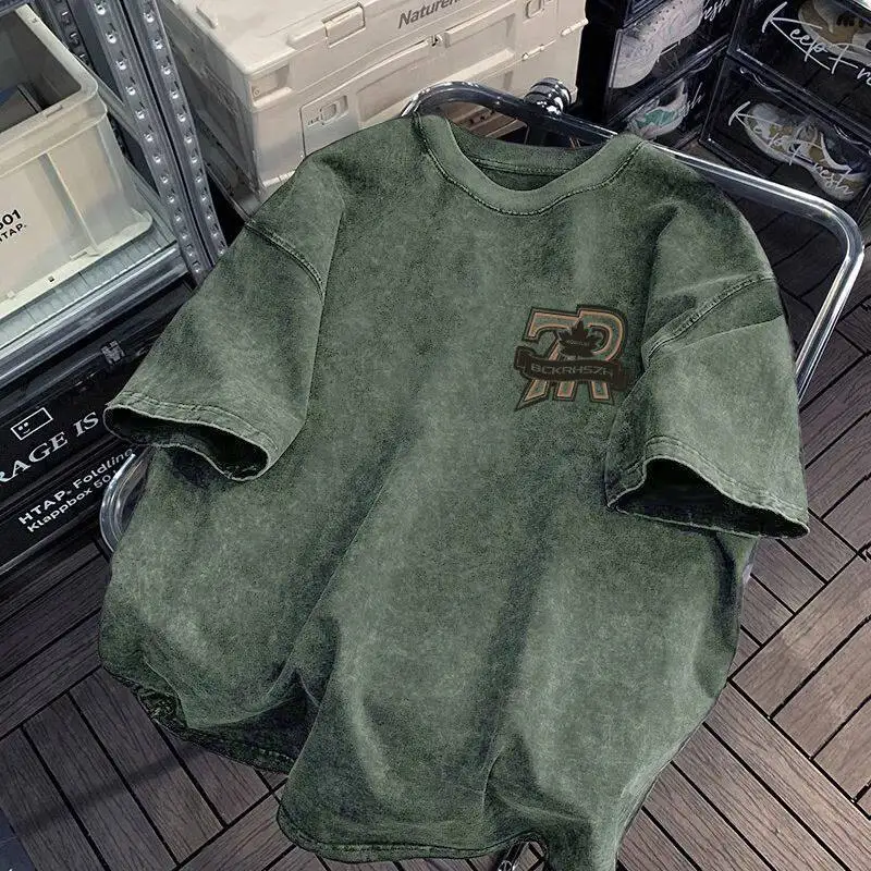 Vintage Washed Army Green Big Number Leaf Print T-Shirt Men Women American Streetwear Loose Casual Short Sleeve Top