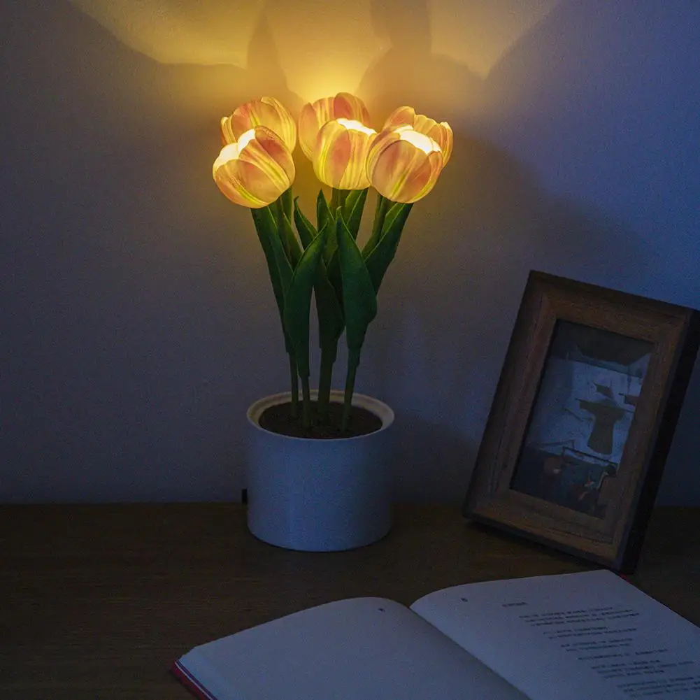 Lampu meja Tulip Led, Led bunga simulasi pengisian daya Usb lampu malam samping tempat tidur untuk dekorasi rumah kamar tidur