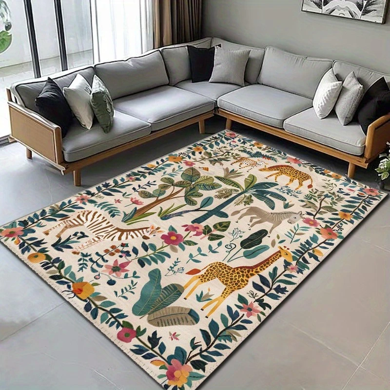 Modern Animal Botanical Print Area Mat Polyester Non-Slip, Large Size Vibrant Jungle Theme for Living Room Bedroom Office Decor