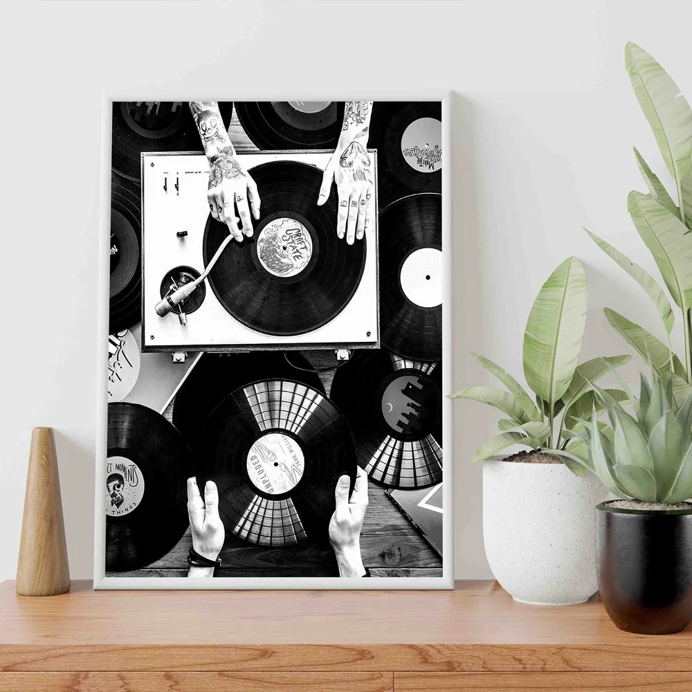 Vintage Music Vinyl Record Poster Wall Art Black and White Photo Headphone Radio Canvas Painting Prints Music Studio Room Decor