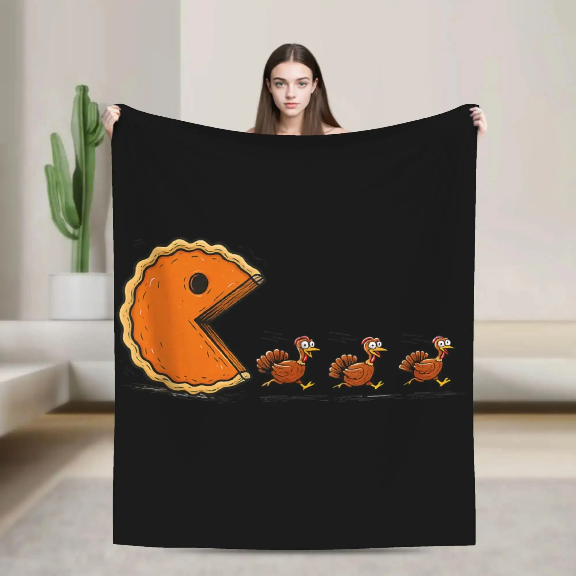 

Забавное плюшевое одеяло с рисунком тыквенного пирога и охотящегося за индейкой персонажа на День Благодарения, мягкое и теплое, для гостиной, покрывало для кровати, фланелевый чехол для дивана