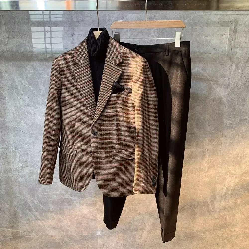 فقط سترة 1 قطعة سترة تويد رجالية عتيقة سترة وندسور بريطانية بقصة ضيقة بدلة صوف منقوشة سميكة لخريف وشتاء #1