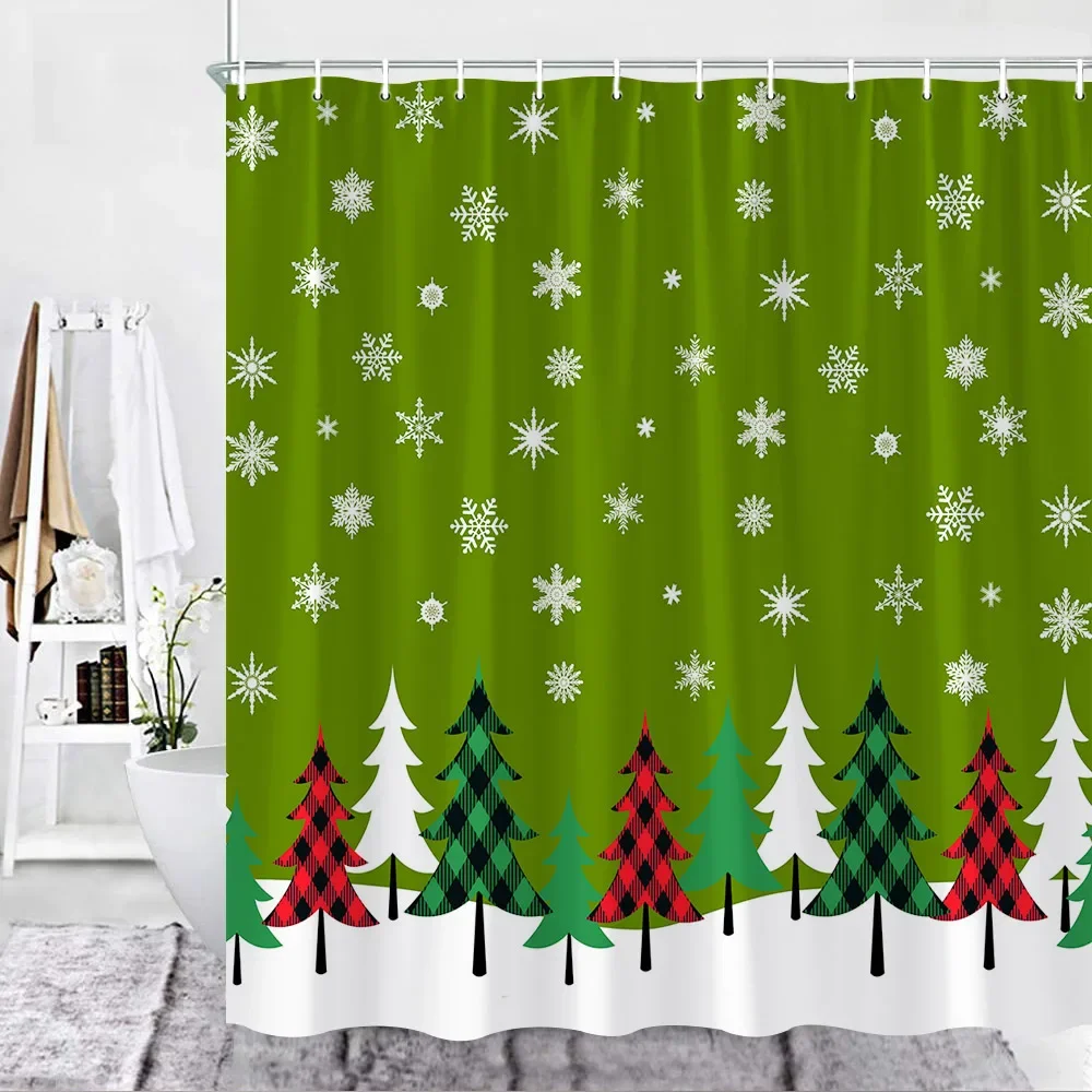 Christmas Shower Curtain Set Red Bathroom Curtains Buffalo Checker Xmas Tree Snowflake Snow New Year Decor Fabric Cloth Hooks