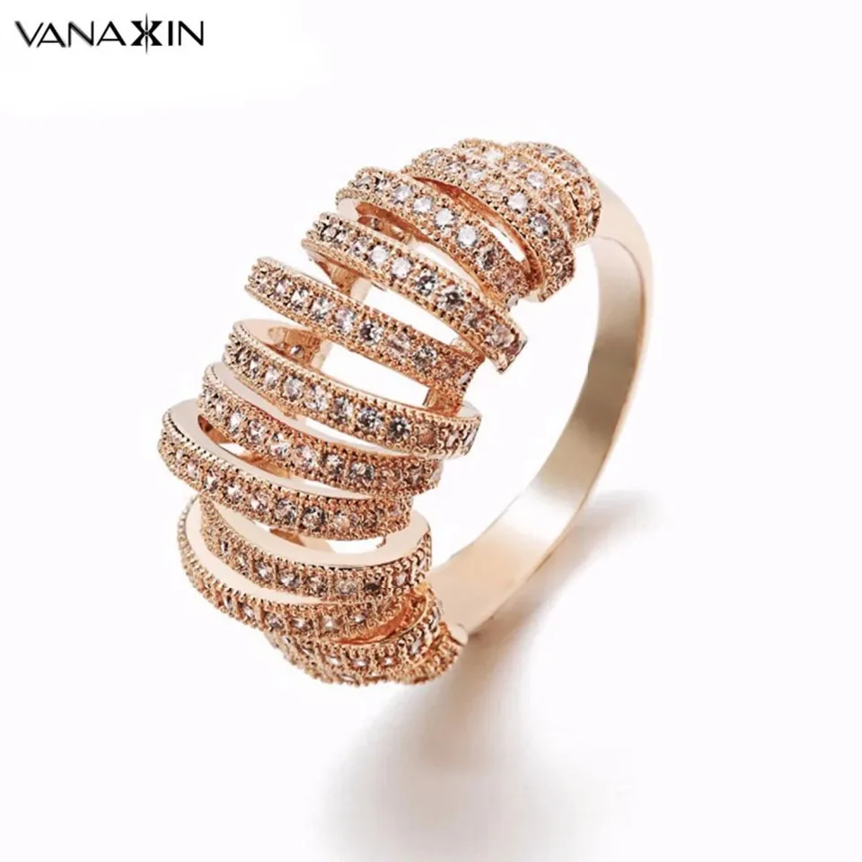 

VANAXIN Fashion Rings for Women Rose Gold Zircon Engagement Party Bijoux Ring Gold Color Hoops Trendy Jewelry