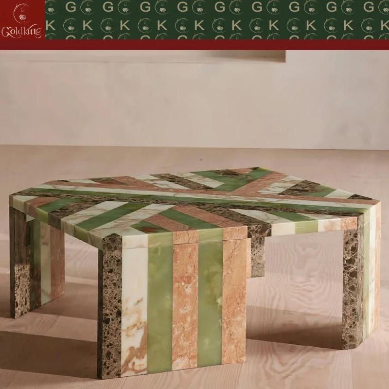 Marble Coffee Table Multicolor Patchwork for Living Room Custom Polished Natural Stone with Geometric Modern Design