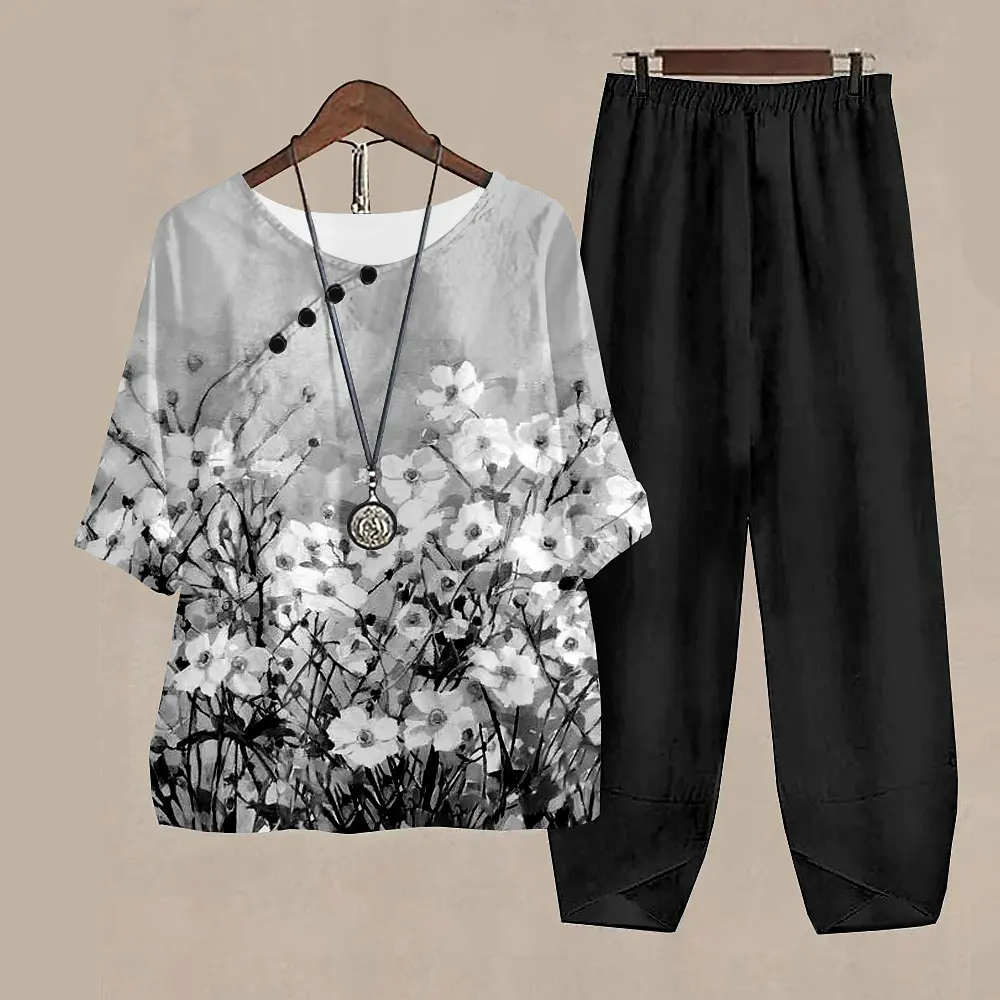 Women Round Neck Short Sleeve Suit Flower Print Elegant Two Piece Sets Female Outfits High Waist Loose Pants Ladies Suit Summer