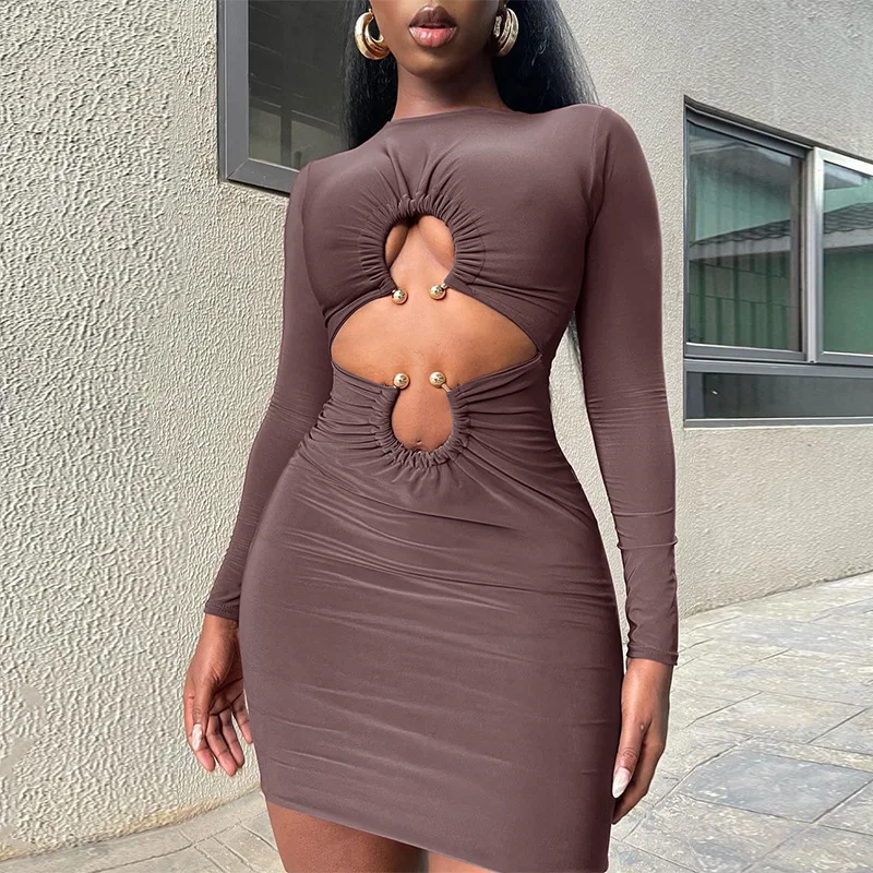 European and American Cross-Border Amazon Aliexpress 2022 Summer Fashion Sexy Tight Ring Long Sleeve Detail Hollow Dress